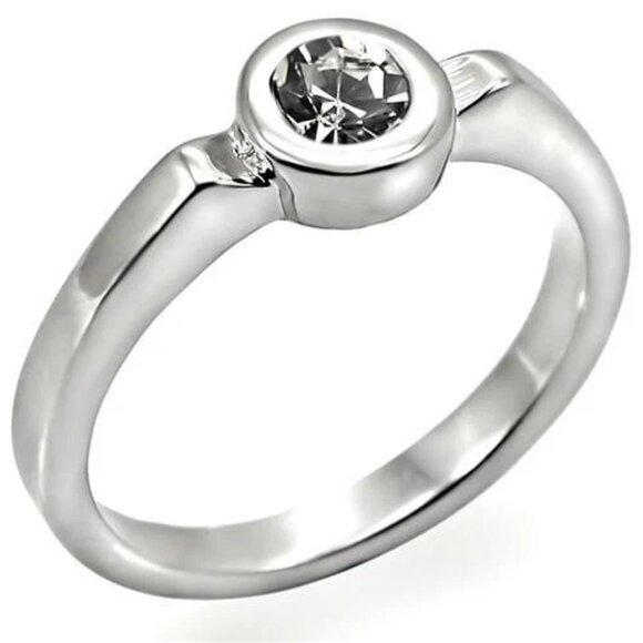 Silver Cubic Zirconia Solitaire Promise Ring Size 8 Bezel Set Rhodium Plated USA - Picture 1 of 9